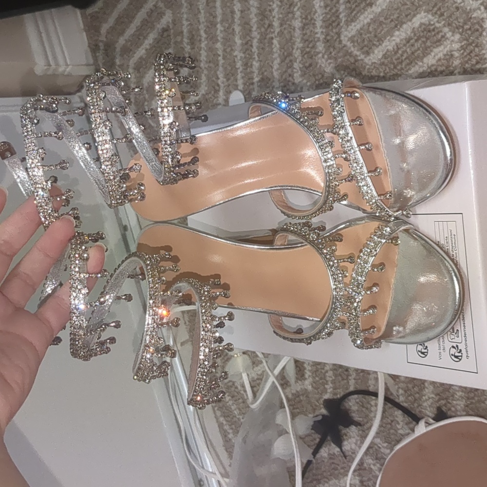 Silver Rhinestone Snake Wrap Peep Toe Stiletto Heels - Picture 2 of 9